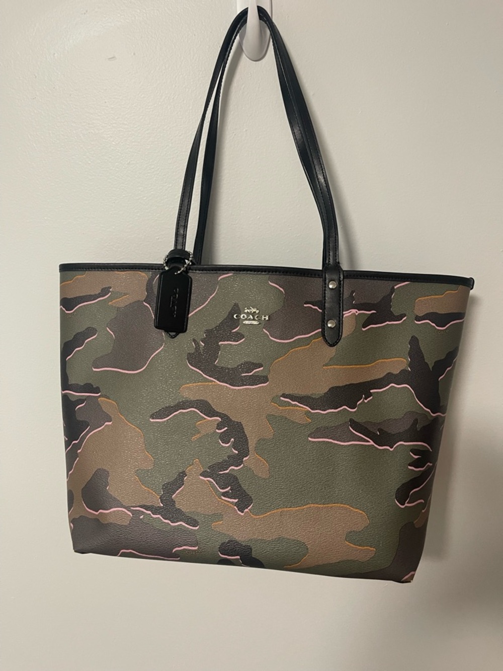 Coach Camouflage Tote in Green with Pink Trim